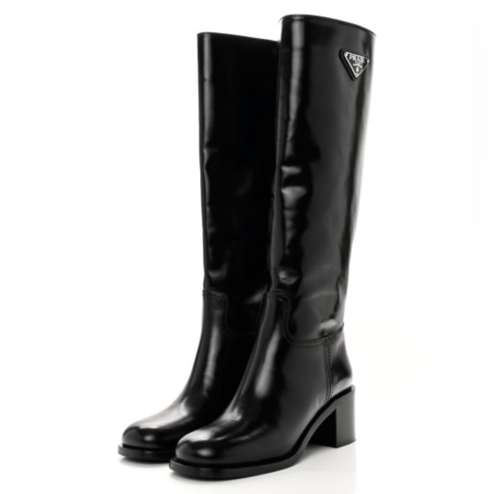 Prada Black Patent Leather Knee-High Heeled Boots
